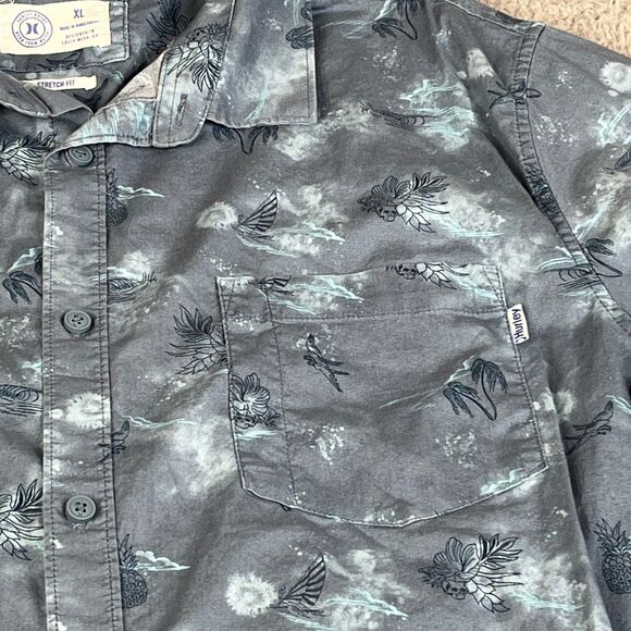 Hurley Shirt Men XL Blue Skull Floral Bird Palm Tree Button Pocket Surf Skate - Picture 6 of 14